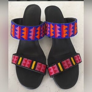 Farm Rio Beaded Sandal Block Heel Women Shoe Black Vegan Leather Sz 10 NWOT